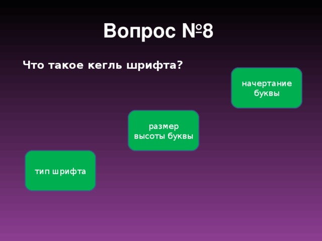 Вопрос №8  Что такое кегль шрифта? начертание буквы размер высоты буквы тип шрифта