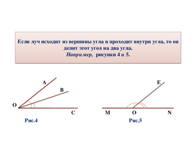 Если луч исходит из вершины угла и проходит внутри угла, то он делит этот угол на два угла.  Например, рисунки 4 и 5.  А Е  В   О  С М О N  Рис.4 Рис.5