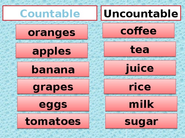 Uncountable Countable coffee oranges tea apples juice banana grapes rice eggs milk tomatoes sugar