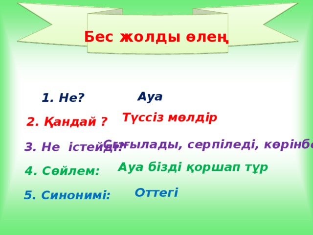 Бес жолды өлең Ауа  1. Не? Түссіз мөлдір 2. Қандай ? Сығылады, серпіледі, көрінбейді 3. Не істейді? Ауа бізді қоршап тұр 4. Сөйлем: Оттегі 5. Синонимі: