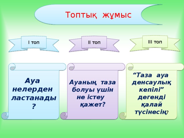 Топтық жұмыс ІІІ топ І топ ІІ топ Ауа нелерден ластанады? Ауаның таза болуы үшін не істеу қажет? “ Таза ауа денсаулық кепілі” дегенді қалай түсінесің ?