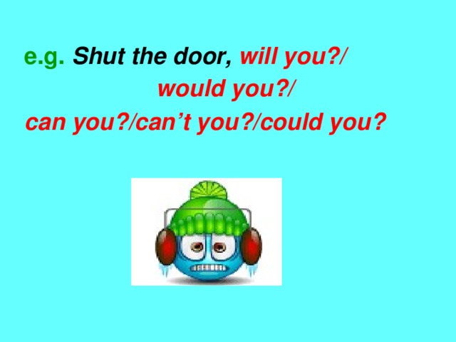 e.g.  Shut the door, will you?/ would you?/ can you?/can’t you?/could you?