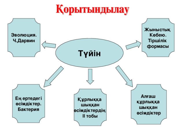 Эволюция. Ч.Дарвин Жыныстық Көбею. Тіршілік формасы Түйін Алғаш құрлыққа шыққан өсімдіктер Ең ертедегі  өсімдіктер. Бактерия Құрлыққа шыққан өсімдіктердің ІІ тобы