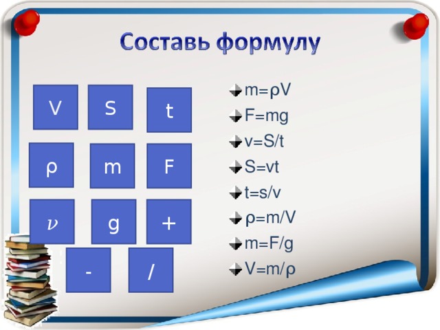 m= ρ V F=mg v=S/t S=vt t=s/v ρ =m/V m=F/g V=m/ ρ