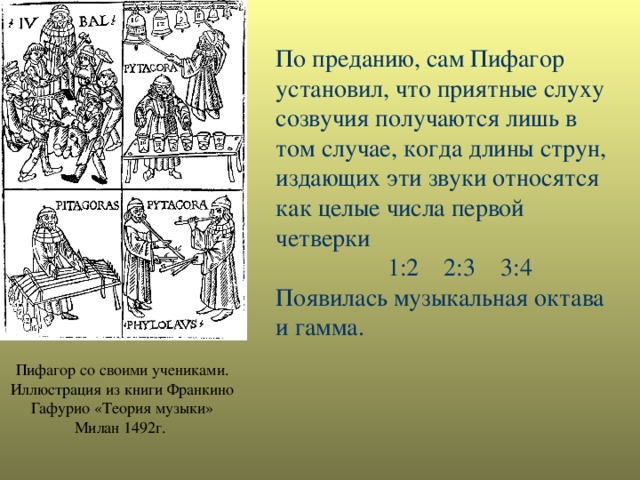 По преданию, сам Пифагор установил, что приятные слуху созвучия получаются лишь в том случае, когда длины струн, издающих эти звуки относятся как целые числа первой четверки  1:2 2:3 3:4 Появилась музыкальная октава и гамма. Пифагор со своими учениками. Иллюстрация из книги Франкино Гафурио «Теория музыки» Милан 1492г.