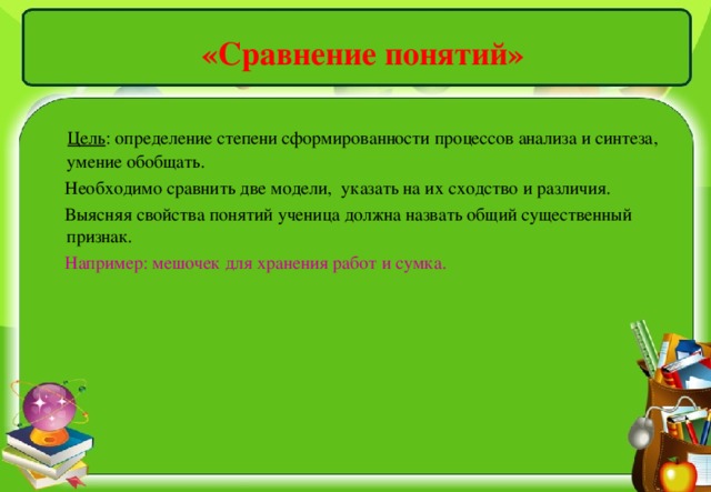 «Сравнение понятий»  Цель : определение степени сформированности процессов анализа и синтеза, умение обобщать.  Необходимо сравнить две модели, указать на их сходство и различия.  Выясняя свойства понятий ученица должна назвать общий существенный признак.  Например: мешочек для хранения работ и сумка.