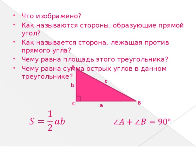 Что изображено? Как называются стороны, образующие прямой угол? Как называется сторона, лежащая против прямого угла? Чему равна площадь этого треугольника? Чему равна сумма острых углов в данном треугольнике?