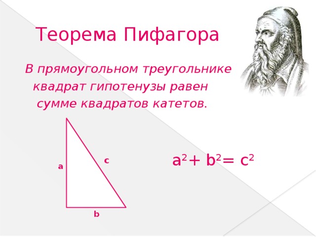 Теорема Пифагора  В прямоугольном треугольнике квадрат гипотенузы равен сумме квадратов катетов. a 2 + b 2 = c 2 с a b