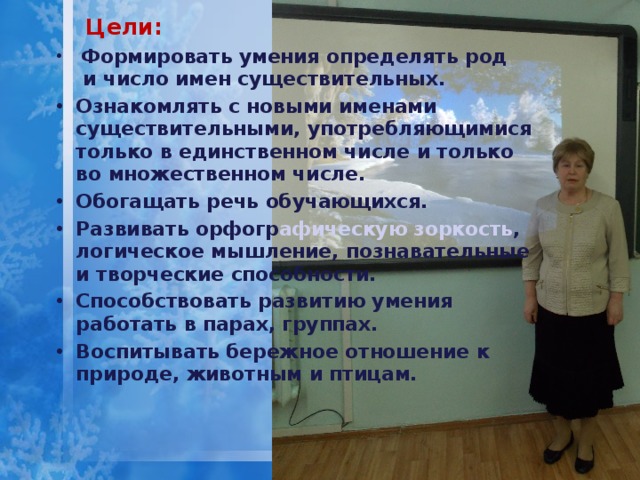 Цели:   Формировать умения определять род  и число имен существительных. Ознакомлять с новыми именами существительными, употребляющимися только в единственном числе и только во множественном числе. Обогащать речь обучающихся. Развивать орфогр афическую зоркость , логическое мышление, познавательные и творческие способности. Способствовать развитию умения работать в парах, группах. Воспитывать бережное отношение к природе, животным и птицам.