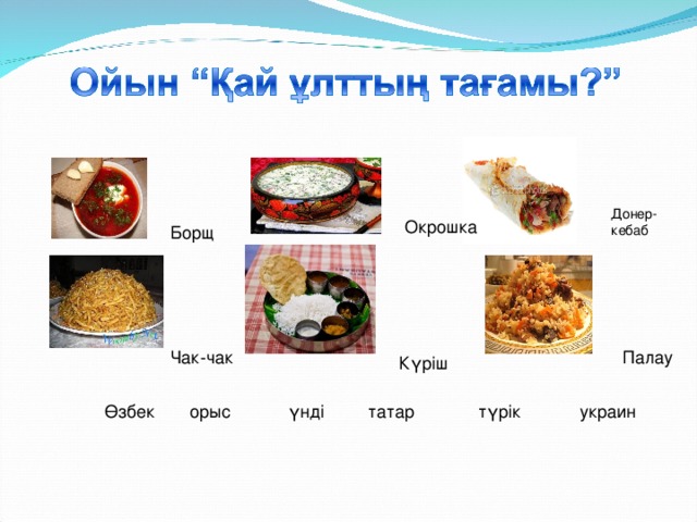 Донер-кебаб Окрошка Борщ Палау Чак-чак Күріш Өзбек орыс үнді татар түрік украин