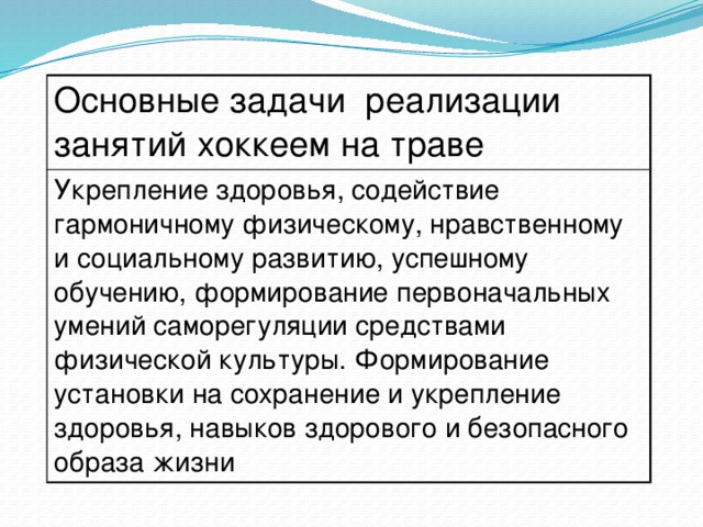 Основные задачи реализации занятий хоккеем на траве Укрепление здоровья, содействие гармоничному физическому, нравственному и социальному развитию, успешному обучению, формирование первоначальных умений саморегуляции средствами физической культуры. Формирование установки на сохранение и укрепление здоровья, навыков здорового и безопасного образа жизни