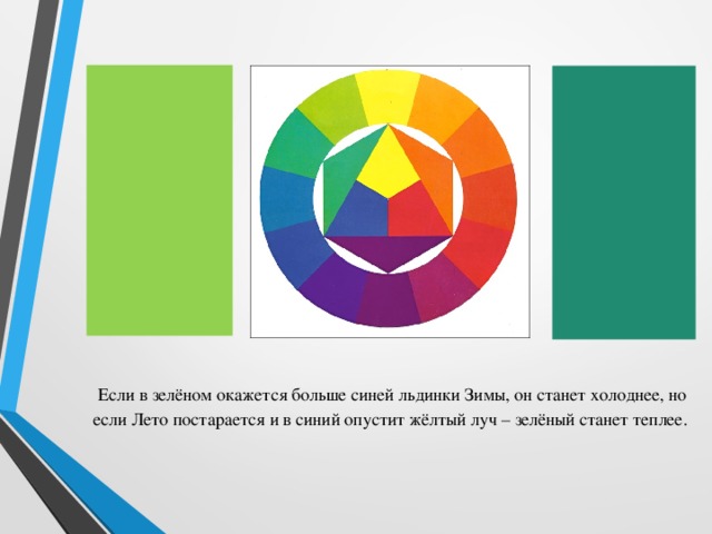 Если в зелёном окажется больше синей льдинки Зимы, он станет холоднее, но если Лето постарается и в синий опустит жёлтый луч – зелёный станет теплее.