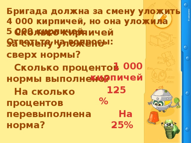 Бригада должна за смену уложить  4 000 кирпичей, но она уложила  5 000 кирпичей.  Ответьте на вопросы: Сколько кирпичей за смену уложено сверх нормы? Сколько процентов нормы выполнено? На сколько процентов перевыполнена норма? 1 000 кирпичей 125% На 25%