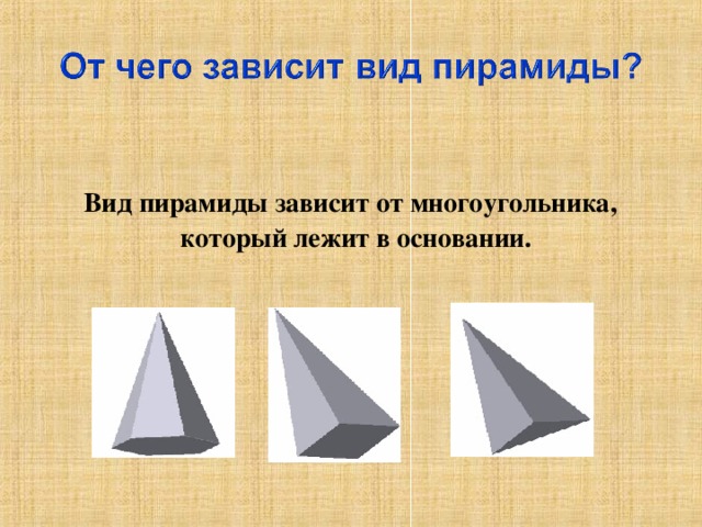 Вид пирамиды зависит от многоугольника, который лежит в основании.