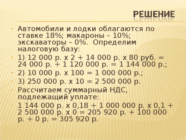 Автомобили и лодки облагаются по ставке 18%; макароны – 10%; экскаваторы – 0%. Определим налоговую базу: 1) 12 000 р. х 2 + 14 000 р. х 80 руб. = 24 000 р. + 1 120 000 р. = 1 144 000 р.; 2) 10 000 р. х 100 = 1 000 000 р.; 3) 250 000 р. х 10 = 2 500 000 р. Рассчитаем суммарный НДС, подлежащий уплате: 1 144 000 р. х 0,18 + 1 000 000 р. х 0,1 + 2 500 000 р. х 0 = 205 920 р. + 100 000 р. + 0 р. = 305 920 р.