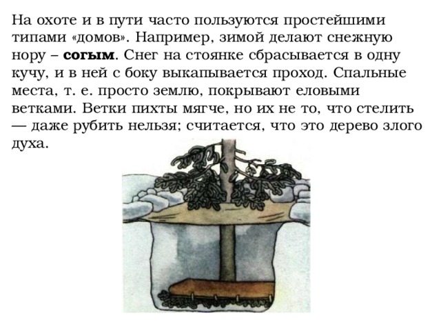 На охоте и в пути часто пользуются простейшими типами «домов». Например, зимой делают снежную нору – согым . Снег на стоянке сбрасывается в одну кучу, и в ней с боку выкапывается проход. Спальные места, т. е. просто землю, покрывают еловыми ветками. Ветки пихты мягче, но их не то, что стелить — даже рубить нельзя; считается, что это дерево злого духа.