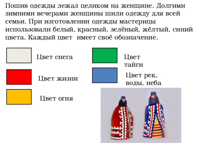 Пошив одежды лежал целиком на женщине. Долгими зимними вечерами женщины шили одежду для всей семьи. При изготовлении одежды мастерицы использовали белый, красный, зелёный, жёлтый, синий цвета. Каждый цвет имеет своё обозначение. Цвет снега Цвет тайги Цвет рек, воды, неба Цвет жизни Цвет огня