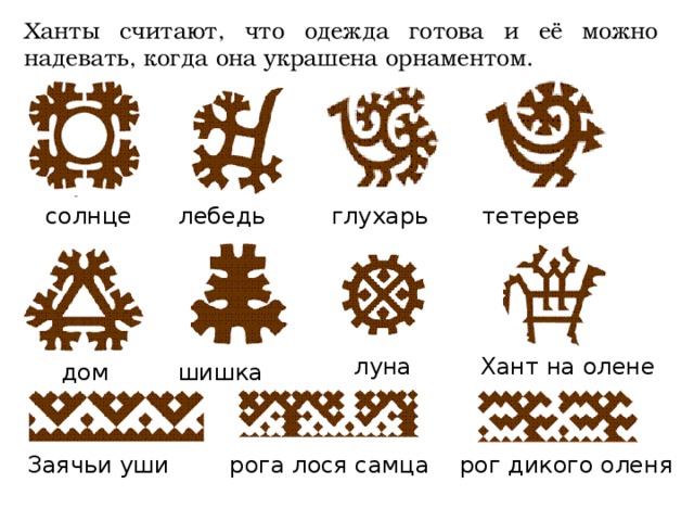 Ханты считают, что одежда готова и её можно надевать, когда она украшена орнаментом. солнце лебедь глухарь тетерев Хант на олене луна дом шишка Заячьи уши рога лося самца рог дикого оленя