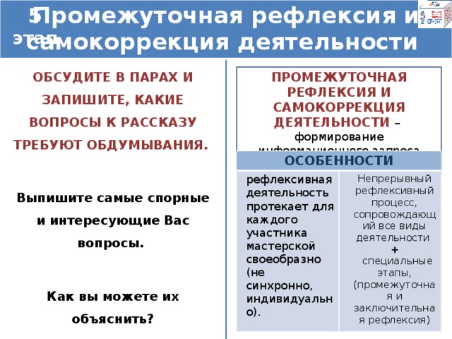 5 этап Промежуточная рефлексия и самокоррекция деятельности  ПРОМЕЖУТОЧНАЯ РЕФЛЕКСИЯ И САМОКОРРЕКЦИЯ ДЕЯТЕЛЬНОСТИ – формирование информационного запроса (выстраивание новых проблем). ОБСУДИТЕ В ПАРАХ И ЗАПИШИТЕ, КАКИЕ ВОПРОСЫ К РАССКАЗУ ТРЕБУЮТ ОБДУМЫВАНИЯ.  Выпишите самые спорные и интересующие Вас вопросы.  Как вы можете их объяснить?   ОСОБЕННОСТИ рефлексивная деятельность протекает для каждого участника мастерской своеобразно (не синхронно, индивидуально). Непрерывный рефлексивный процесс, сопровождающий все виды деятельности +  специальные этапы, (промежуточная и заключительная рефлексия)