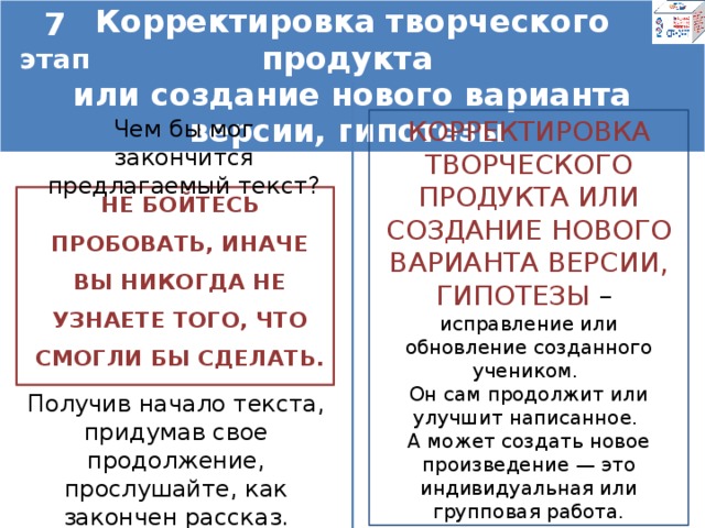 7 этап Корректировка творческого продукта или создание нового варианта версии, гипотезы  КОРРЕКТИРОВКА ТВОРЧЕСКОГО ПРОДУКТА ИЛИ СОЗДАНИЕ НОВОГО ВАРИАНТА ВЕРСИИ, ГИПОТЕЗЫ –  Чем бы мог закончится предлагаемый текст? исправление или обновление созданного учеником. Он сам продолжит или улучшит написанное. А может создать новое произведение — это индивидуальная или групповая работа. НЕ БОЙТЕСЬ ПРОБОВАТЬ, ИНАЧЕ ВЫ НИКОГДА НЕ УЗНАЕТЕ ТОГО, ЧТО СМОГЛИ БЫ СДЕЛАТЬ. Получив начало текста, придумав свое продолжение, прослушайте, как закончен рассказ.