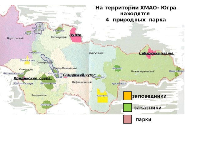 На территории ХМАО- Югра находятся 4 природных парка Нумто Сибирские увалы Самарский чугас Крндинские озёра заповедники заказники парки