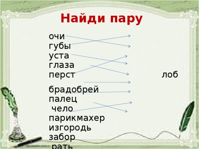 Найди пару очи   губы уста   глаза перст  лоб  брадобрей палец  чело парикмахер изгородь   забор  рать войско  замарашка дом  изба неряха