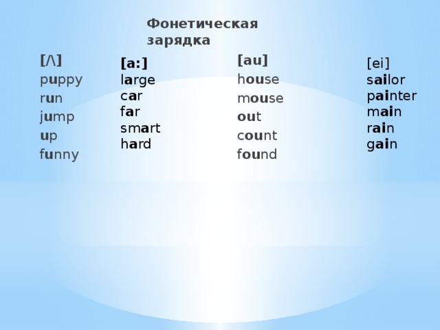 Фонетическая зарядка [/\] p u ppy  r u n j u mp u p f u nny [au] h ou se m ou se ou t c ou nt f ou nd [ei] [a:] s ai lor l a rge c a r p ai nter f a r m ai n sm a rt r ai n h a rd g ai n