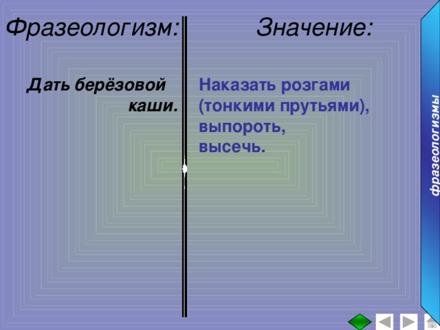 фразеологизмы Фразеологизм: Значение: : Дать берёзовой Наказать розгами (тонкими прутьями), каши. выпороть, высечь.