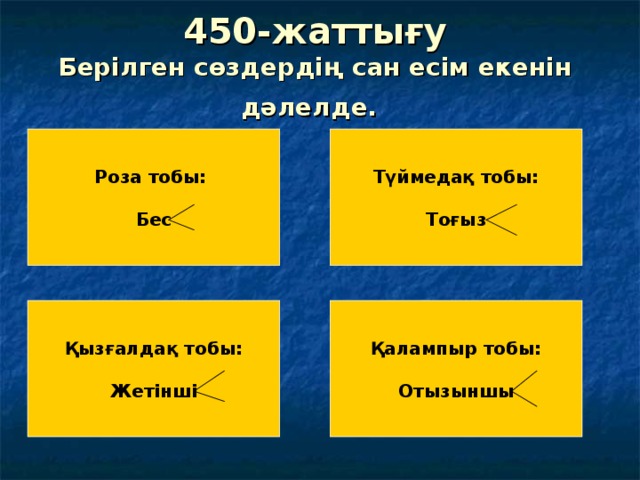 450-жаттығу  Берілген сөздердің сан есім екенін дәлелде.  Роза тобы:  Бес Түймедақ тобы:  Тоғыз Қызғалдақ тобы:  Жетінші Қалампыр тобы:  Отызыншы