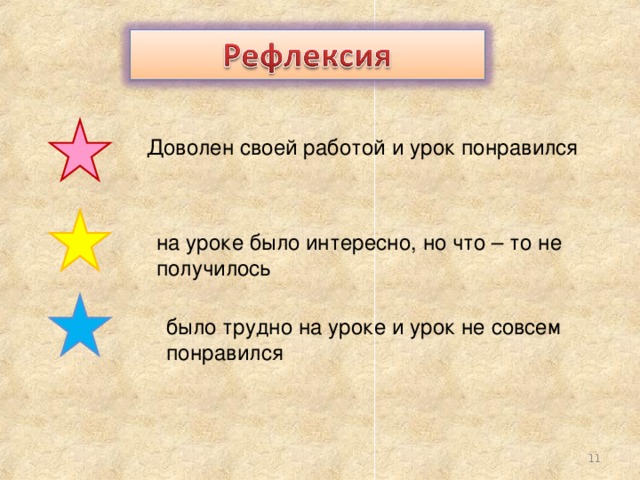 Доволен своей работой и урок понравился на уроке было интересно, но что – то не получилось было трудно на уроке и урок не совсем понравился