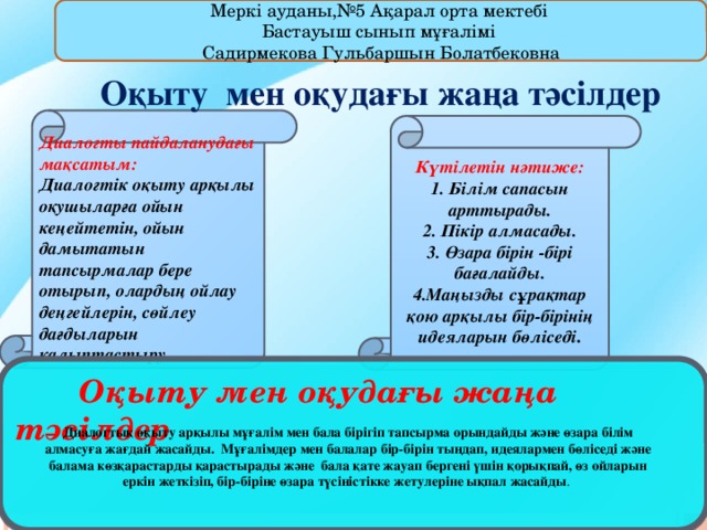 Меркі ауданы,№5 Ақарал орта мектебі Бастауыш сынып мұғалімі Садирмекова Гульбаршын Болатбековна  Оқыту мен оқудағы жаңа тәсілдер   Диалогты пайдаланудағы мақсатым: Диалогтік оқыту арқылы оқушыларға ойын кеңейтетін, ойын дамытатын тапсырмалар бере отырып, олардың ойлау деңгейлерін, сөйлеу дағдыларын қалыптастыру. Күтілетін нәтиже: 1. Білім сапасын арттырады. 2. Пікір алмасады. 3. Өзара бірін -бірі бағалайды. 4.Маңызды сұрақтар қою арқылы бір-бірінің идеяларын бөліседі .  Оқыту мен оқудағы жаңа тәсілдер Диалогтық оқыту арқылы мұғалім мен бала бірігіп тапсырма орындайды және өзара білім алмасуға жағдай жасайды. Мұғалімдер мен балалар бір-бірін тыңдап, идеялармен бөліседі және балама көзқарастарды қарастырады және бала қате жауап бергені үшін қорықпай, өз ойларын еркін жеткізіп, бір-біріне өзара түсіністікке жетулеріне ықпал жасайды .