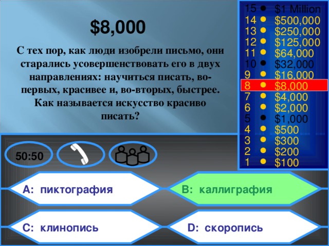 15 $1 Million 14 $500,000 $8,000  13 $250,000 12 $125,000 С тех пор, как люди изобрели письмо, они старались усовершенствовать его в двух направлениях: научиться писать, во-первых, красивее и, во-вторых, быстрее. Как называется искусство красиво писать? 11 $64,000 10 $32,000 9 $16,000 8 $8,000 7 $4,000 6 $2,000 5 $1,000 4 $500 3 $300 2 $200 50:50 1 $100 A: пиктография B: каллиграфия C: клинопись D: скоропись