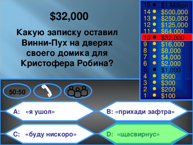 15 $1 Million 14 $500,000 $32,000   13 $250,000 12 $125,000 Какую записку оставил Винни-Пух на дверях своего домика для Кристофера Робина? 11 $64,000 10 $32,000 9 $16,000 8 $8,000 7 $4,000 6 $2,000 5 $1,000 4 $500 3 $300 2 $200 50:50 1 $100 A: «я ушол»  B: «прихади зафтра»  C: «буду нискоро»  D: «щасвирнус»