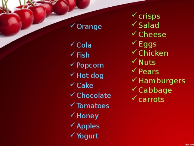 crisps Salad Cheese Eggs Chicken Nuts Pears Hamburgers Cabbage carrots Orange Cola Fish Popcorn Hot dog Cake Chocolate Tomatoes Honey Apples Yogurt