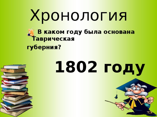 Хронология  В каком году была основана Таврическая губерния? 1802 году