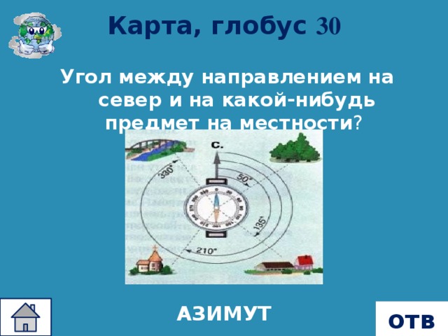 Карта, глобус 30 Угол между направлением на север и на какой-нибудь предмет на местности ? АЗИМУТ ответ