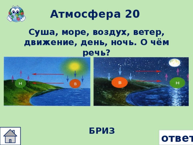 Атмосфера 20 Суша, море, воздух, ветер, движение, день, ночь. О чём речь? БРИЗ ответ