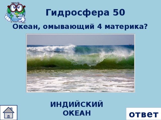 Гидросфера 50 Океан, омывающий 4 материка? ИНДИЙСКИЙ ОКЕАН ответ