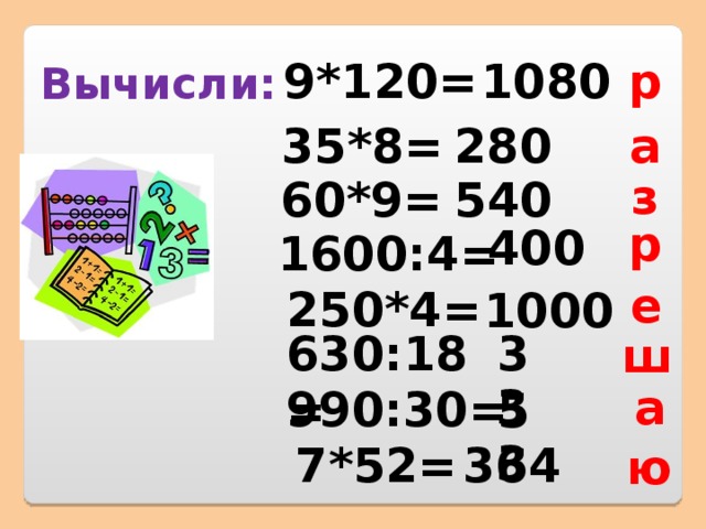 Вычисли: р 9*120 = 1080 35*8= а 280 з 540 60*9= р 400 1600 : 4= е 250*4 = 1000 35 630:18 = ш 33 а 990:30 = 7*52 = 3 64  ю
