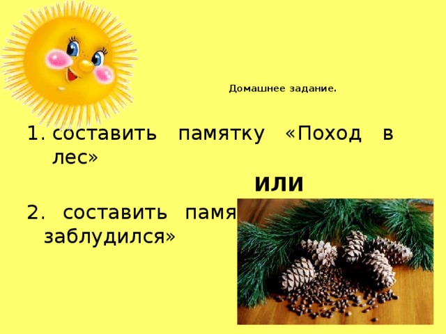 Домашнее задание.   составить памятку «Поход в лес»  ИЛИ 2. составить памятку «Если ты заблудился»