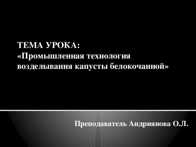 ТЕМА УРОКА: «Промышленная технология возделывания капусты белокочанной» Преподаватель Андриянова О.Л.