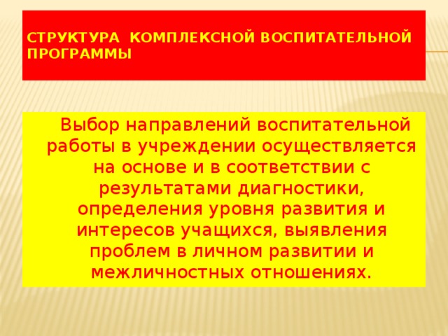 Структура комплексной воспитательной программы    Выбор направлений воспитательной работы в учреждении осуществляется на основе и в соответствии с результатами диагностики, определения уровня развития и интересов учащихся, выявления проблем в личном развитии и межличностных отношениях.