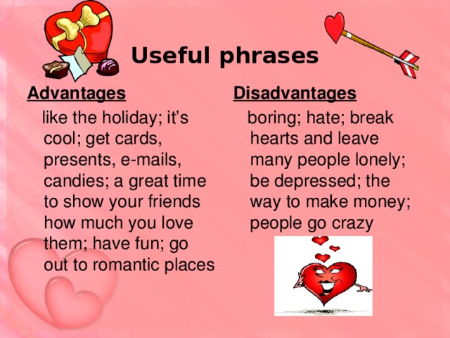 Useful phrases Advantages Disadvantages  like the holiday; it’s cool; get cards, presents, e-mails, candies; a great time to show your friends how much you love them; have fun; go out to romantic places  boring; hate; break hearts and leave many people lonely; be depressed; the way to make money; people go crazy