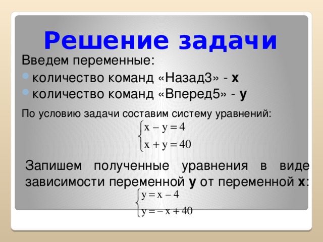 Решение задачи Введем переменные: количество команд «Назад3» - x количество команд «Вперед5» - y По условию задачи составим систему уравнений:  Запишем полученные уравнения в виде зависимости переменной y от переменной x :