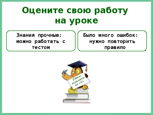 Оцените свою работу на уроке  МОЛОДЦЫ! Знания прочные: можно работать с тестом БУДЬТЕ ВНИМАТЕЛЬНЫ Было много ошибок: нужно повторить правило