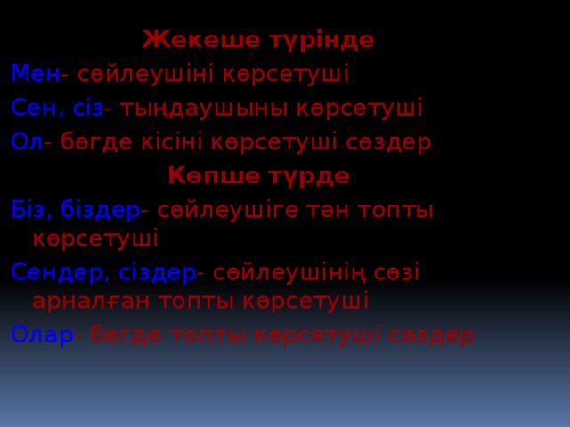 Жекеше түрінде Мен - сөйлеушіні көрсетуші Сен,  сіз - тыңдаушыны көрсетуші Ол - бөгде кісіні көрсетуші сөздер Көпше түрде Біз,  біздер - сөйлеушіге тән топты көрсетуші Сендер,  сіздер - сөйлеушінің сөзі арналған топты көрсетуші Олар - бөгде топты көрсетуші сөздер