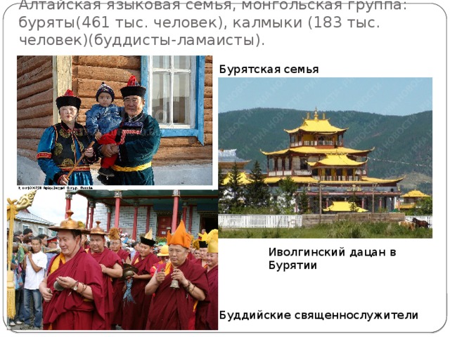 Алтайская языковая семья, монгольская группа: буряты(461 тыс. человек), калмыки (183 тыс. человек)(буддисты-ламаисты). Бурятская семья Иволгинский дацан в Бурятии Буддийские священнослужители