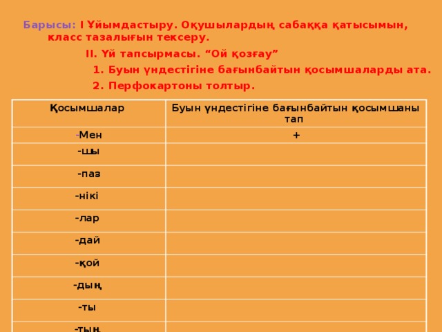 Барысы: І Ұйымдастыру. Оқушылардың сабаққа қатысымын, класс тазалығын тексеру.  ІІ. Үй тапсырмасы. “Ой қозғау”  1. Буын үндестігіне бағынбайтын қосымшаларды ата.  2. Перфокартоны толтыр.               Қосымшалар Буын үндестігіне бағынбайтын қосымшаны тап Мен + -шы -паз -нікі -лар -дай -қой -дың -ты -тың -кер -хана