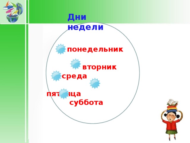 Дни недели  понедельник   вторник  среда  пятница  суббота