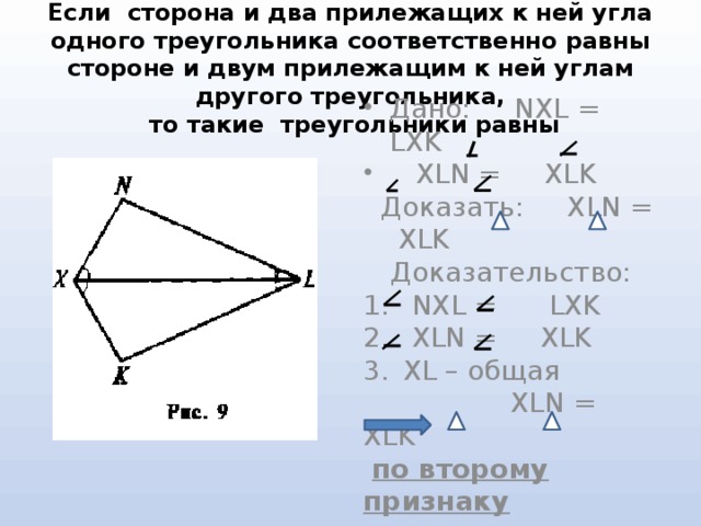 Если сторона и два прилежащих к ней угла одного треугольника соответственно равны стороне и двум прилежащим к ней углам другого треугольника,  то такие треугольники равны Дано: NXL = LXK  XLN = XLK  Доказать: XLN = XLK Доказательство:  NXL = LXK  XLN = XLK XL – общая  XLN = XLK  по второму признаку